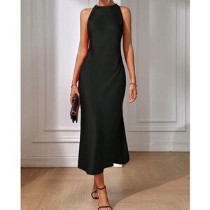 Classic Solid Satin Sleeveless Split Hem Party Evening Dress